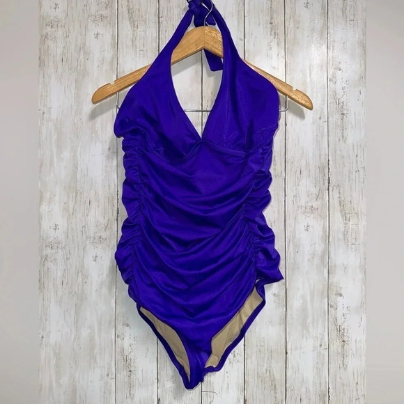 J.Crew Dark Purple Ruched Halter One- Piece Swimsuit Size 14 - Picture 3 of 7